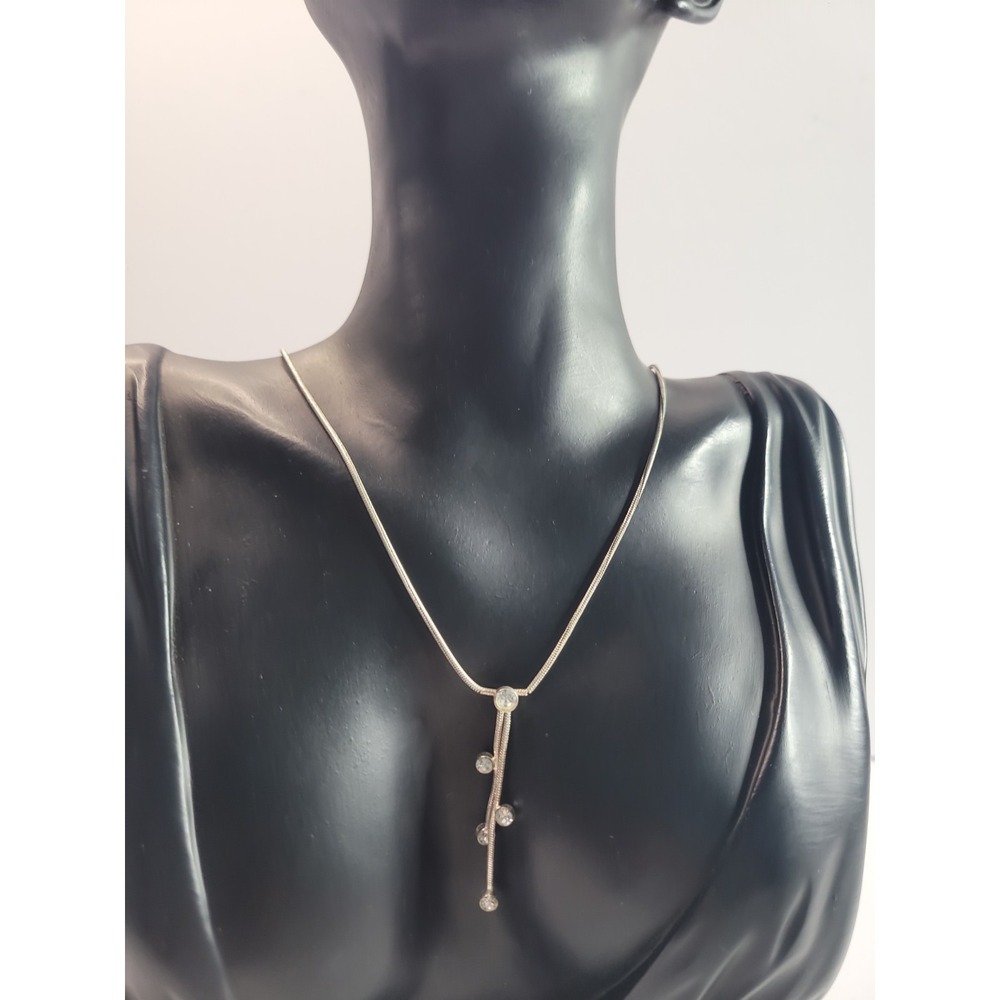 Silver Tone Y Drop Necklace Clear Accents Snake Chain Lariat Minimalist